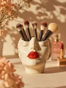 1pc Resin Face Makeup Brush Holder, Artistic Female Head Cosmetic Organizer With Red Lips, Decorative Vanity Storage For Makeup Brushes, Beauty Tools & Pens, For Dressing Table, Bedroom, Bathroom Counter, Office Desk, Home Decor, Gift For Women - New Product - View 4