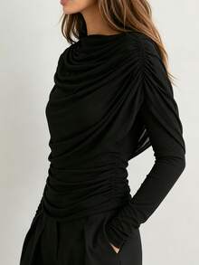 Women's Black Long Sleeve Knit Top With Contrast Mesh Draped Detail And Regular Length, Perfect For Fall - Black - View 7