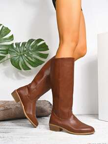 Women's Plus Size New Solid Color Western Style Side Zipper Holiday Tall Boots - Light Brown - View 4