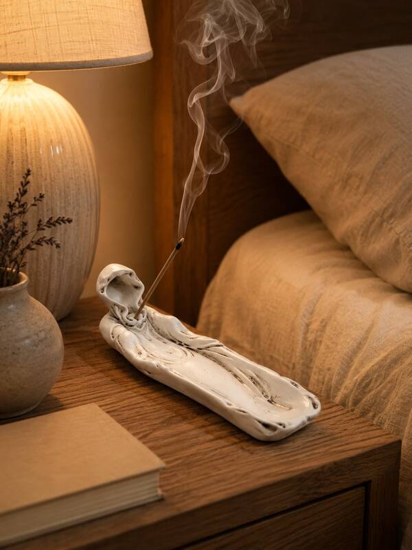 Wabi-Sabi Faceless Robe Incense Stick Holder, Rustic White Resin Incense Burner With Ash Catching Tray, Minimalist Meditation Incense Holder For Yoga Room Bathroom Table Decor, Calming Mindful Home Decor Gift