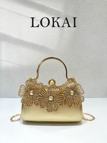 1pc Luxury Gold 3D Floral Rhinestone & Pearl Embellished Hard Shell Evening Clutch Bag, Vintage PU Leather Top Handle Formal Bag For Wedding, Party, Banquet, Women's Elegant Gift Bag - Multicolor - View 3