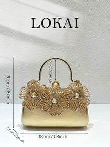 1pc Luxury Gold 3D Floral Rhinestone & Pearl Embellished Hard Shell Evening Clutch Bag, Vintage PU Leather Top Handle Formal Bag For Wedding, Party, Banquet, Women's Elegant Gift Bag - Multicolor - View 7