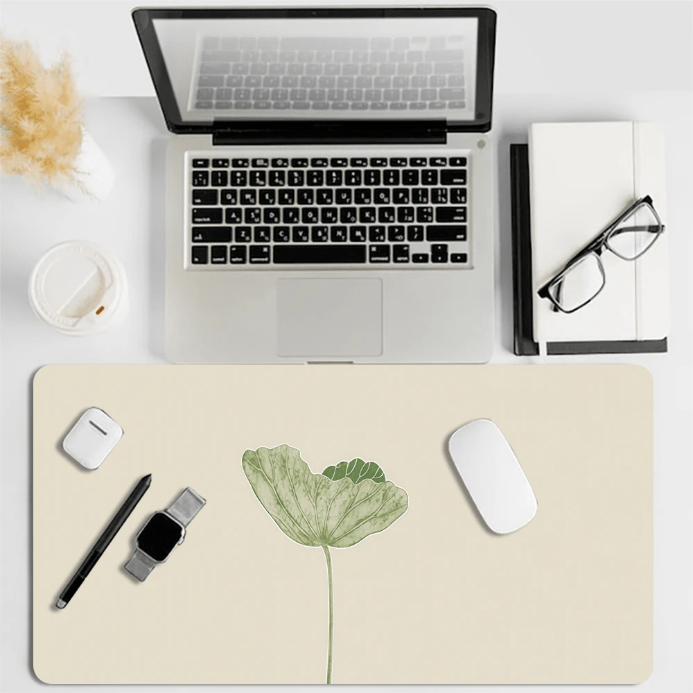 1 buah Alas Meja Besar Minimalis Berwarna-warni Motif Teratai Krem, Alas Mouse Panjang Anti Air dan Anti Selip, Alas Keyboard Bermotif Bunga dengan Tepi Jahitan, Cocok untuk Dekorasi Meja Kantor Siswa Perempuan - Seri Botani Minimalis - View 1