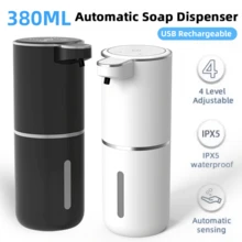 DONASIRA 380毫升大容量低噪音非接触式自动红外感应皂液器，家用电动快速分配器，便携式洗手液瓶，适用于手部消毒和家居清洁，IPX5级防水，Type-C充电，4档可调节泡沫/液体输出，可桌面或壁挂，适用于厨房和浴室，春季新品 - 查看 3