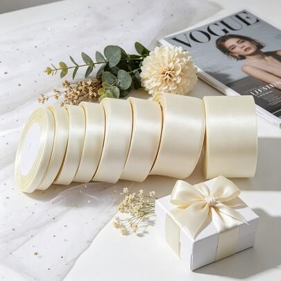 25 Yards Champagne Satin Ribbon Single-Faced Polyester, 1.5cm - 5/8" Cream Champagne Color Vintage Gentle Style Decorative Binding Ribbon Wedding Candy Favor Bundling Church Wedding Chair Back Decoration Halloween Christmas Floral Packaging Handmade DIY Gift Accessories