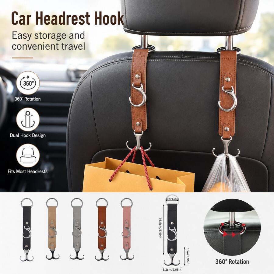 Multifunctional PU Leather Car Headrest Hook, Heavy Duty Back Seat Storage Hook, Universal In-Stock Car Interior Accessory - A - View 1