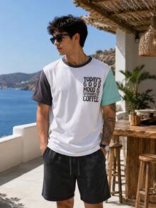 Men's Slogan Print Contrast Color Crew Neck Short Sleeve Casual T-Shirt - Mint Blue - View 2