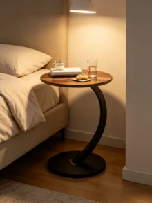 1pc C-Shaped Curved Round Side Table With Waterproof Walnut Wood Tabletop, Storage Shelf Beside Living Room Sofas, Minimalist Bedside Small Tea Table - Walnut Color + Black Frame - View 5
