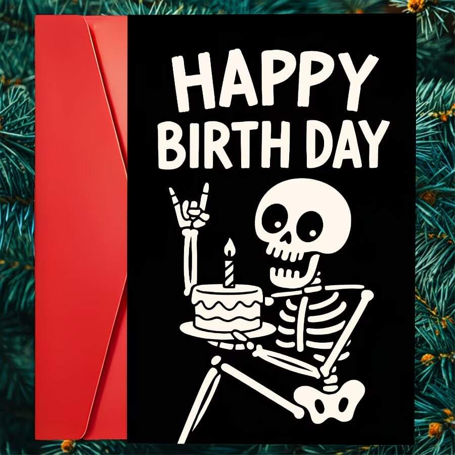 A Humorous Skeleton Birthday Card Designed For Adults, Featuring A Unique Gothic Style, Ideal For Friends, Coworkers, And Halloween-Themed Birthday Parties