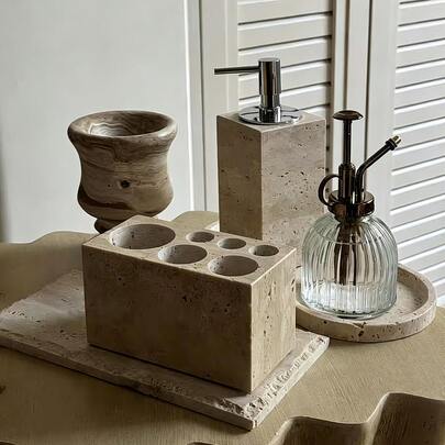 1pc Natural Marble Toothbrush Holder, 3-Slot/6-Slot Optional Bathroom Storage, Desktop Pen Holder, Kitchen Utensil Rack