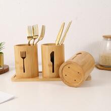 4pcs/Set - Three Utensil Storage Canisters With Bamboo Tray Base For Knives, Forks, And Spoons - Apricot - View 6