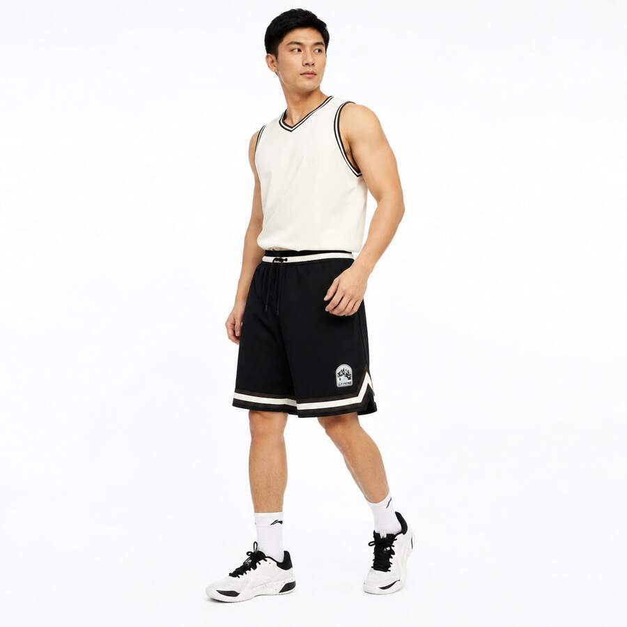 Celana Pendek Basket Pria Li-Ning Mountain Patchwork Striped Hem Honeycomb Mesh Quick-Dry Moisture-Wicking Loose AKSV941 - Hitam - View 1