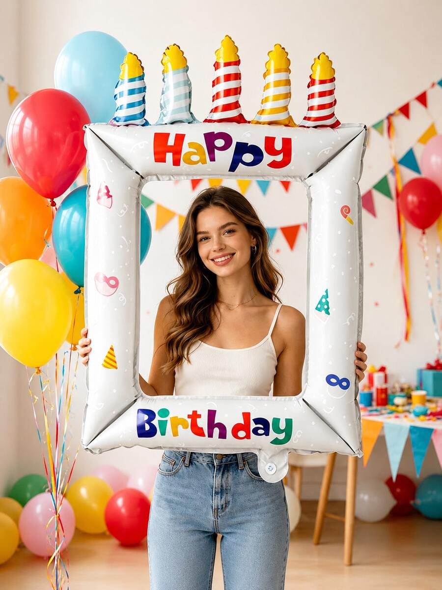1pc Blue Happy Birthday Print Colorful Candles Birthday Cake Photo Frame Balloon Base Birthday Cake Balloon Set Suitable For Birthday Party Decoration Propsanniversaries,As Well As For Event Decor And Photo Props - View 1