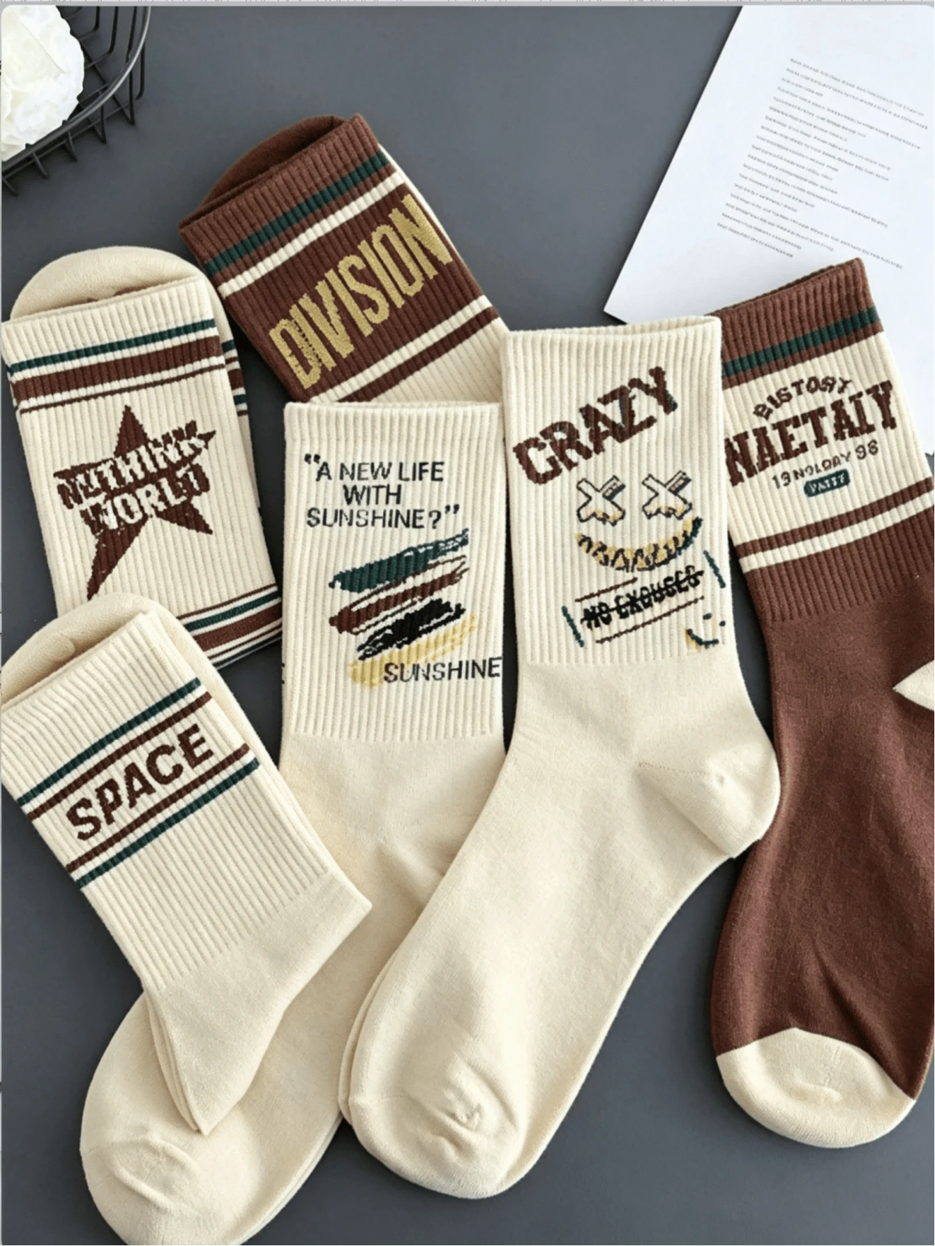 5 Pairs Random Style Maillard Print Vintage Letter Print Boat Socks, Fashionable Men's Sports Socks, Autumn Style - Multicolor - View 1