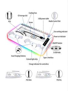 GAMINJA Kühlständer mit RGB-Lampe für CD/Digitale Bearbeitungskonsole, inklusive Doppel-Ladestation für Controller, Kühlventilator, Fernbedienung/CD-Aufbewahrung, USB-Hub und Kopfhörerhalter - Verbesserte Version – Weiß - Übersicht 7