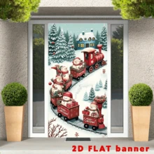 2D Flag Christmas-Themed Banner Background, Featuring A Snowman And Train Theme, With Elements Of Snow-Covered Pine Trees, Christmas Gifts, And Winter Cabins. Suitable For Party Decorations For Various Christmas Events, No Power Supply Required. - View 3