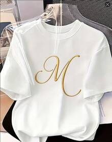 Women's Summer White T-Shirt, 100% Cotton - Short Sleeves, Round Neck, Gold 'N' Print With Sequins And Heart, Relaxed Fit, Elegant Minimalist Style, Birthday Gift Idea - 白色 - 查看 1