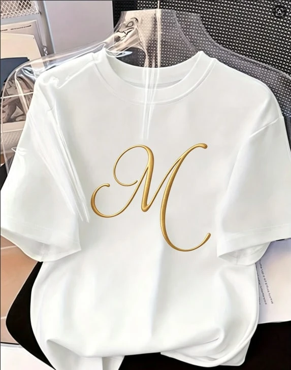 Women's Summer White T-Shirt, 100% Cotton - Short Sleeves, Round Neck, Gold 'N' Print With Sequins And Heart, Relaxed Fit, Elegant Minimalist Style, Birthday Gift Idea - 白色 - 查看 1