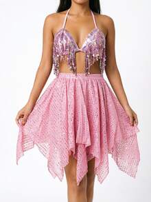 Sequin Fringe Triangle Halter Crop Top, Irregular Handkerchief Hem Sequin Mesh Mini Skirt For Rave Party & Stage Performance - Multicolor - View 8