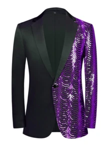 Herren Pailletten Fischschuppen Pailletten Anzugjacke, Bankett Bühnenauftritt Abendgarderobe, Party Nachtclub Stil - Violett - Übersicht 2