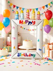 1pc Blue Happy Birthday Print Colorful Candles Birthday Cake Photo Frame Balloon Base Birthday Cake Balloon Set Suitable For Birthday Party Decoration Propsanniversaries,As Well As For Event Decor And Photo Props - View 6