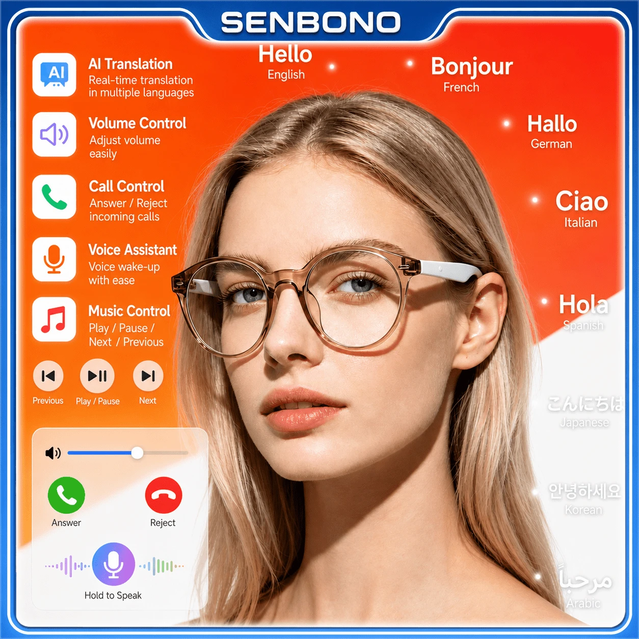 SENBONO New AI Translation Smart Audio Glasses, Hall Sensor One-Click Activation, Wireless Calls, Music Playback, Hands-Free Phone Calls, Camera Control, Voice Wake-Up, Fashionable Smart Glasses, Suitable For Men And Women, Gift For Friends, Birthday Gift - View 1