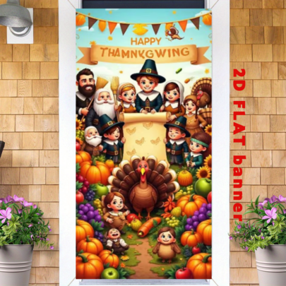 2D Flag Thanksgiving Theme Banner Background, Featuring Elements Such As Turkeys, Pumpkins, Sunflowers, Harvest Fruits And Puritan Figures, Made Of Polyester Material, Requires No Power Supply