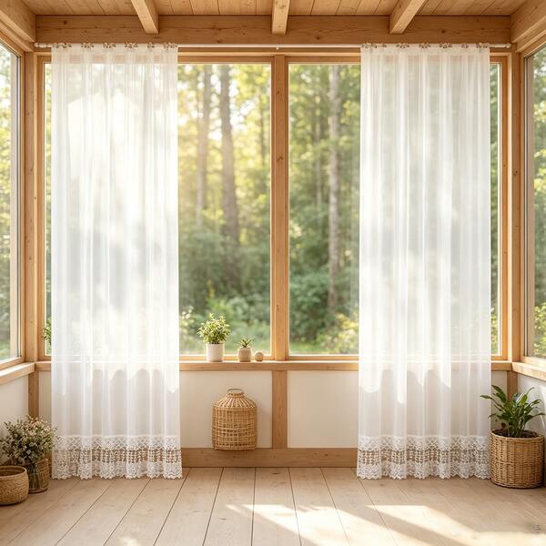 Dreamy Boho Farmhouse White Sheer Window Curtain Set, Delicate Lace Trim Bottom Rod Pocket Sheer Panels, Soft Light Filtering Transparent Drapes For Warm Rustic Home Aesthetic