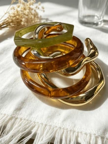 5/1pc Vintage Old Money Style Casual Resin CCB Geometric Wave Open Bangle Bracelet Jewelry Set, Suitable For Women And Moms For Daily Wear, Party, Vacation, Holiday Gift - Multicolor - View 3