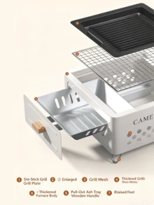 CAMEL CROWN 便攜式迷你抽屜式炭爐，適用於居家泡茶與燒烤，全方位 BBQ 烤爐套組，方形戶外炭爐 - 白色 - 查看 4
