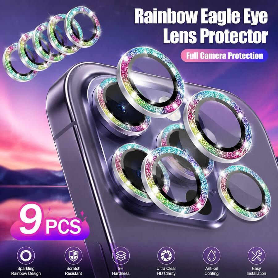 Yezodawee 亮片彩色相機鏡頭保護膜,AR+AF 鋼化玻璃適用於 17 Pro Max/16/16 Plus/17,9H 防刮金屬單鏡頭保護膜,高清晰透明相機配件 9片/包 - 彩色 - 查看 1
