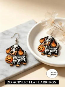 2D平面骨架臘腸狗南瓜糖果桶吊飾耳環，壓克力萬聖節小狗耳墜，趣味珠寶禮物，適合愛狗人士 - 骨架臘腸犬 - 查看 2