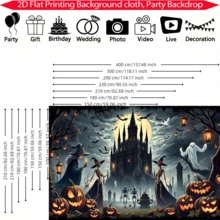 1pc Dark Castle Halloween Background Banner, Full Moon Cemetery Dark Fairy Tale Style, Castle, Dead Trees, Flying Bats, Floating White Ghosts Surrounding, Witch, Suitable For Halloween Party Decoration, Holiday Party Decoration, Etc. - A - View 3