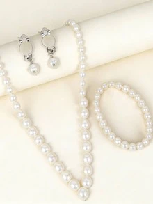 3pcs Women's White Pearl Jewelry Set, Round Pearl Necklace, Bracelet, Dangle Earrings, Bridal Wedding Jewelry Gift - Silver - View 3