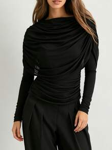 Women's Black Long Sleeve Knit Top With Contrast Mesh Draped Detail And Regular Length, Perfect For Fall - Black - View 8