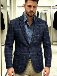 Vintage Tweed Plaid Single-Breasted Men's Suit Jacket, Slim Fit Single Button Notch Lapel Textured Blazer, Suitable For Business, Wedding, Banquet, Casual Party Semi-Formal Wear - Royal Blue - View 2