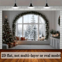 2D Flat Background Fabric For Christmas Snow Scene Window, Arched Window Frame With Pine Branches, Garlands And Colored Lights, Including Christmas Tree Gift Box Lanterns, Made Of Polyester Material Without Power Supply - View 4