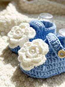 1 Pair Handmade Infant Boots, Green Crochet With White Flowers, Button Closure - Baby Blue - View 4