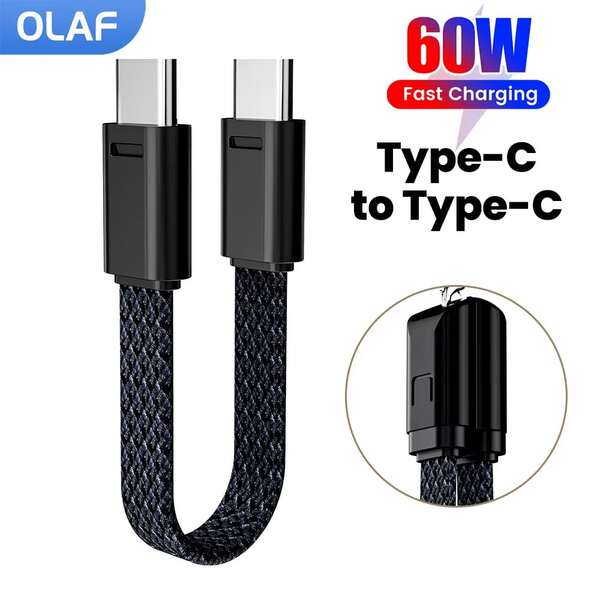 Cabo de Carregamento Rápido 60W Curto 16,5CM Tipo C para USB C, Compatível com iPhone 15 16, Cabo de Dados Tipo C para Tipo C para Power Bank