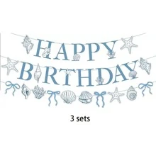 1 Set/2 Sets/3 Sets/5 Sets Blue Bow, Starfish, Shell Happy Birthday Banner Decorations, Suitable For Ocean Beach Theme Birthday Party, Mermaid Summer Holiday Decor - Blue - View 9