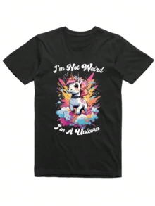 Camiseta gráfica para hombre, camiseta de cuello redondo casual negra, 100% algodón, camiseta gráfica divertida "No soy raro, - Negro - Ver 1