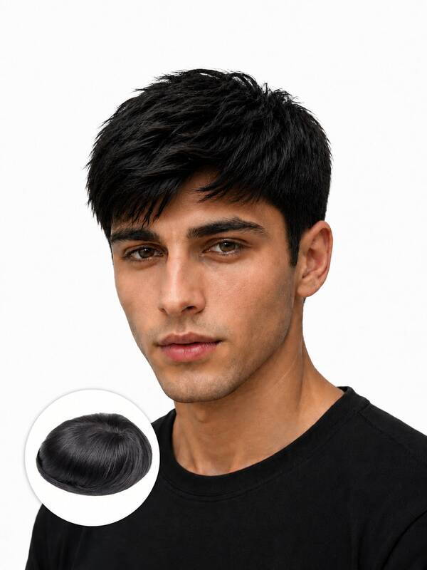 Men's 5x7 Inch PU Base Toupee, 6 Inch S1B Natural Hair Hairpiece, Short Straight Hair Replacement System, Realistic Scalp Look, Natural Hairline, Free Part, Restylable, Lightweight Comfortable Daily Wear Wig Topper