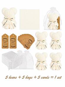 5pcs Teddy Bear Handkerchief Party Favor Set, Includes Gift Bag And Thank You Card, Bear-Shaped Towel, Suitable For Baby Shower, Birthday And Nursery Party Decoration - Multicolor - View 12