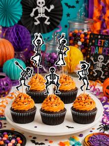 10 piezas/20 piezas Adornos de Esqueleto para Cupcakes de Halloween, Palillos de Esqueleto Bailando para Pasteles, Decoraciones de Postres Espeluznantes, Suministros de Repostería para Fiestas de Halloween - Ver 4