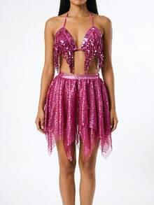 Sequin Fringe Triangle Halter Crop Top, Irregular Handkerchief Hem Sequin Mesh Mini Skirt For Rave Party & Stage Performance - Multicolor - View 9