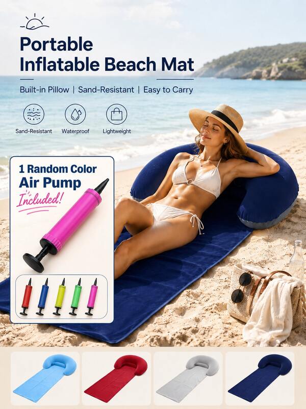 Inflatable Beach Mat With Built-In Pillow, Foldable Waterproof Sun Lounger, Foldable Inflatable Beach Mat, Lightweight And Portable, Suitable For Outdoor Camping, Beach Party, Bathroom, Swimming Pool, Outdoor Cooking, Beach Camping Essential