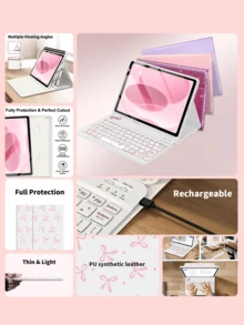 Funda con teclado con lazo rosa, funda con teclado inalámbrico Bluetooth desmontable (150mAh) con ranura para bolígrafo (curvado) y estuche protector del teclado compatible con Samsung Galaxy Tab Pad SE, regalo de primavera para cumpleaños - Blanco - Ver 3