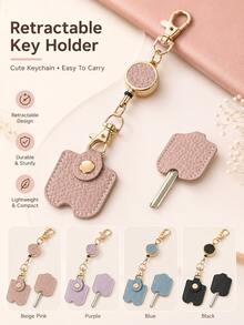 Women's Retractable Key Chain, Faux Leather Extendable Key Chain (11.81 Inches Extension), With Gold Metal Buckle, Cute Portable Anti-Loss Key Ring, Suitable For ID Badge And Car Keys, 4 Colors Available - Multicolor - View 1