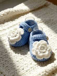 1 Pair Handmade Infant Boots, Green Crochet With White Flowers, Button Closure - Baby Blue - View 6