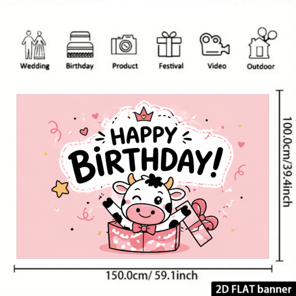 2D Flat Birthday Party Banner Background, Pink Cute Cow Theme With "HAPPY BIRTHDAY!" Text, Crown, Gift Box, Stars, Hearts And Confetti Elements, Made Of Durable Polyester Material, No Power Required, Suitable For Indoor/Outdoor Celebrations, Can Be Used As Multi-Functional Wall Decor, Photo Backdrop, Applicable For Home Gatherings, Office Events, Outdoor Parties, Studio Setup, Holiday Gift Giving, Lightweight And Easy To Hang, Lively And Warm Decorative Effect
